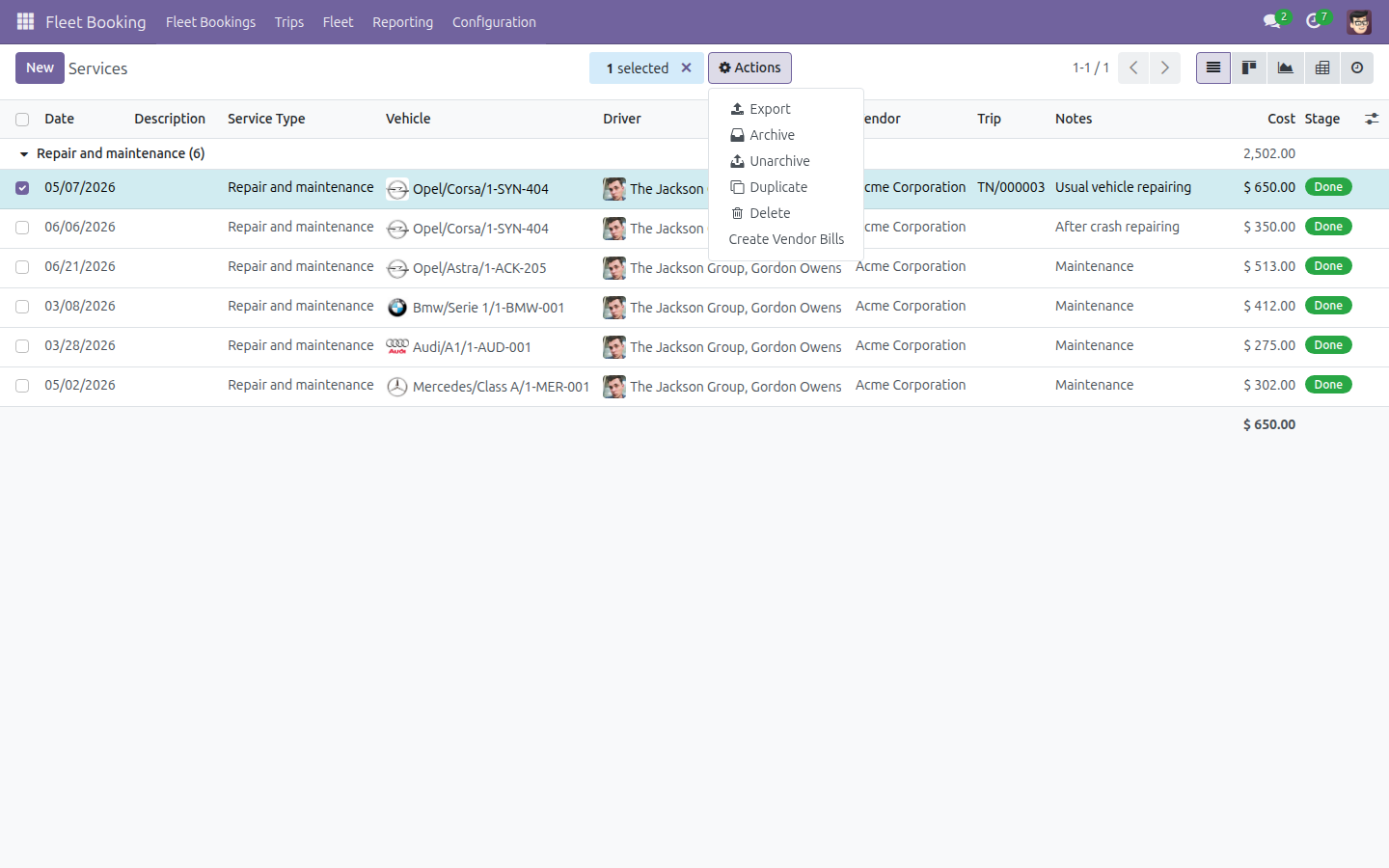 Actions menu showing the Create Vendor Bills option