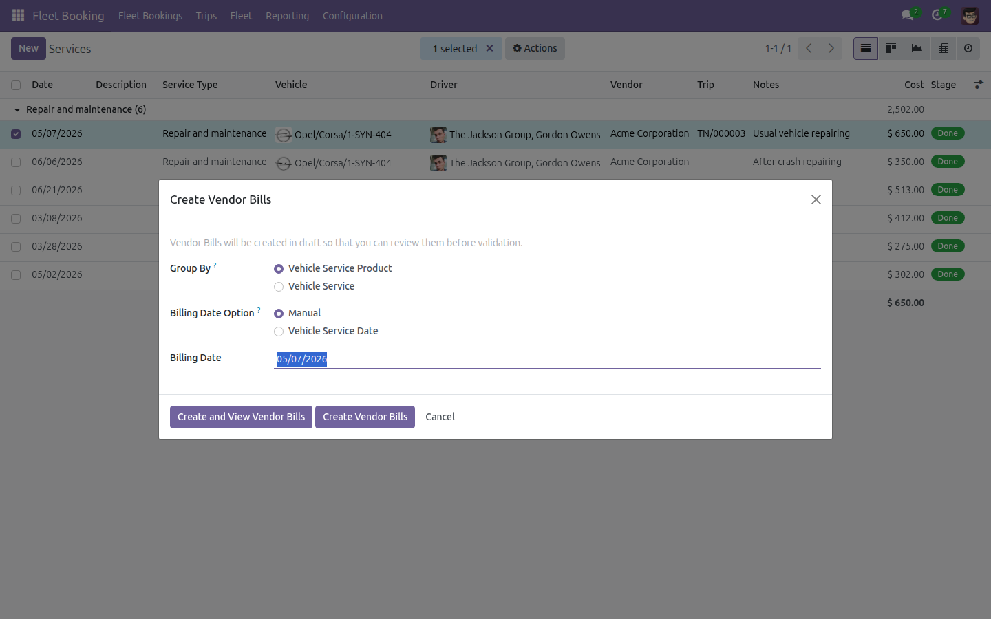 Create Vendor Bills wizard with Group By and Billing Date options