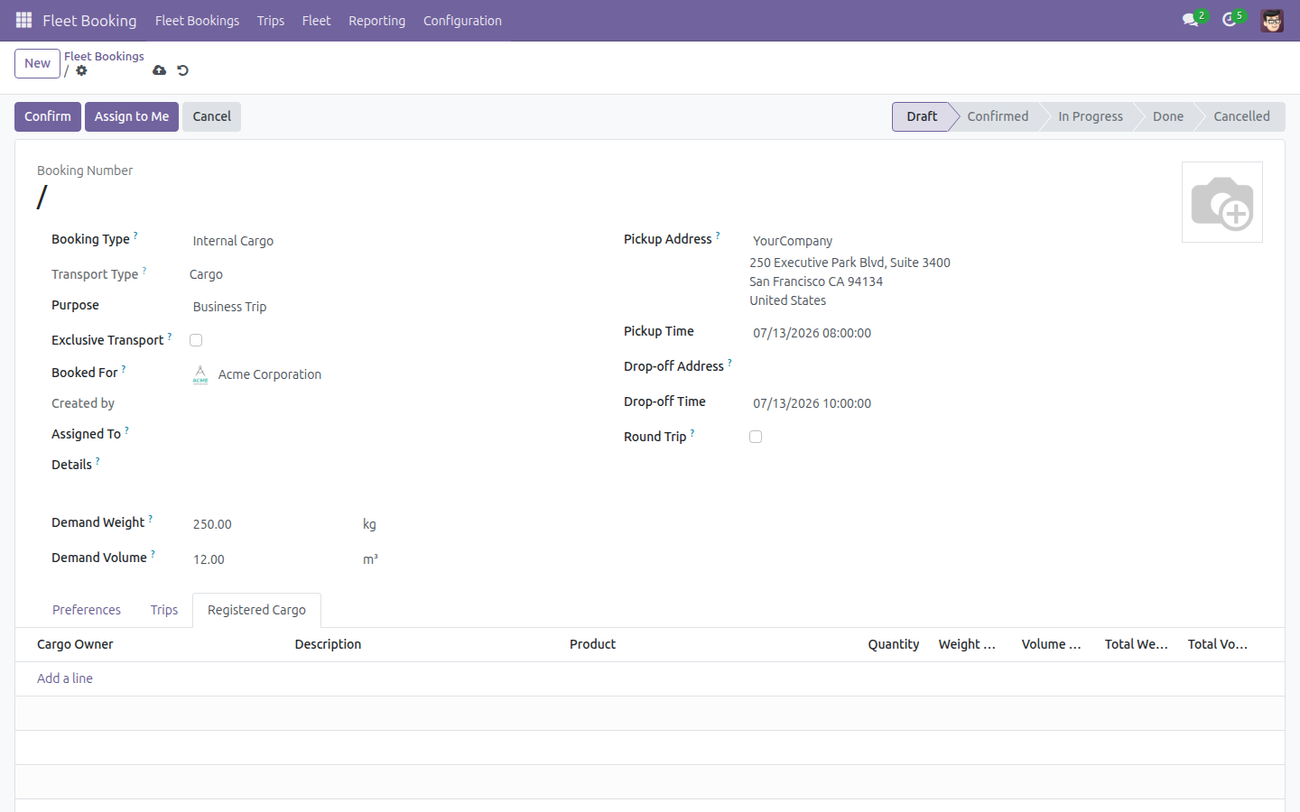 Registered Cargo tab opened, empty cargo line list