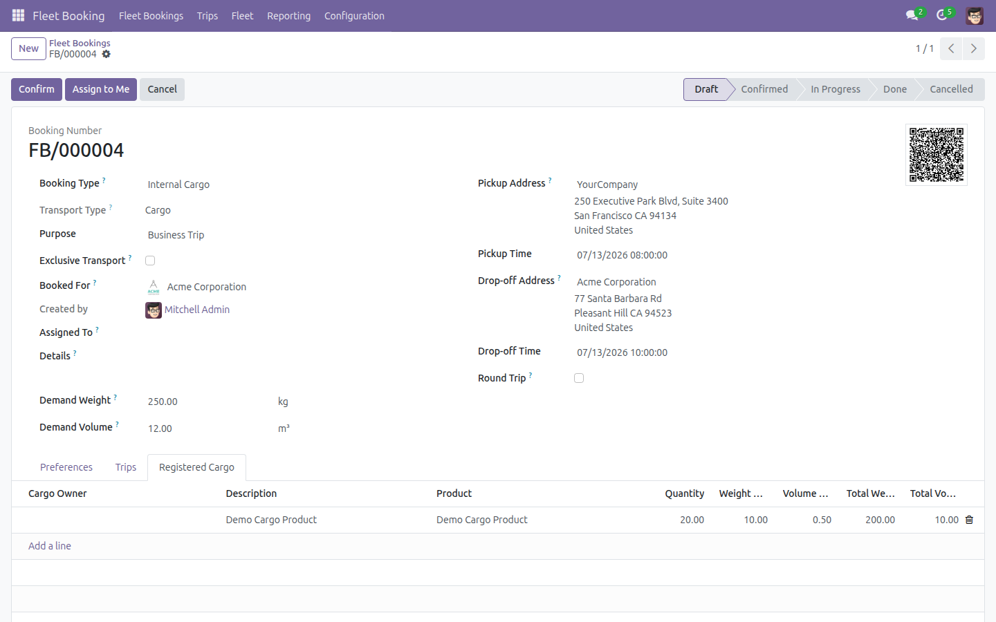 Saved cargo booking with its Registered Cargo line