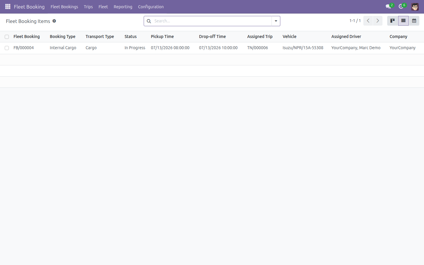 Booking Items list showing Assigned Trip and Vehicle