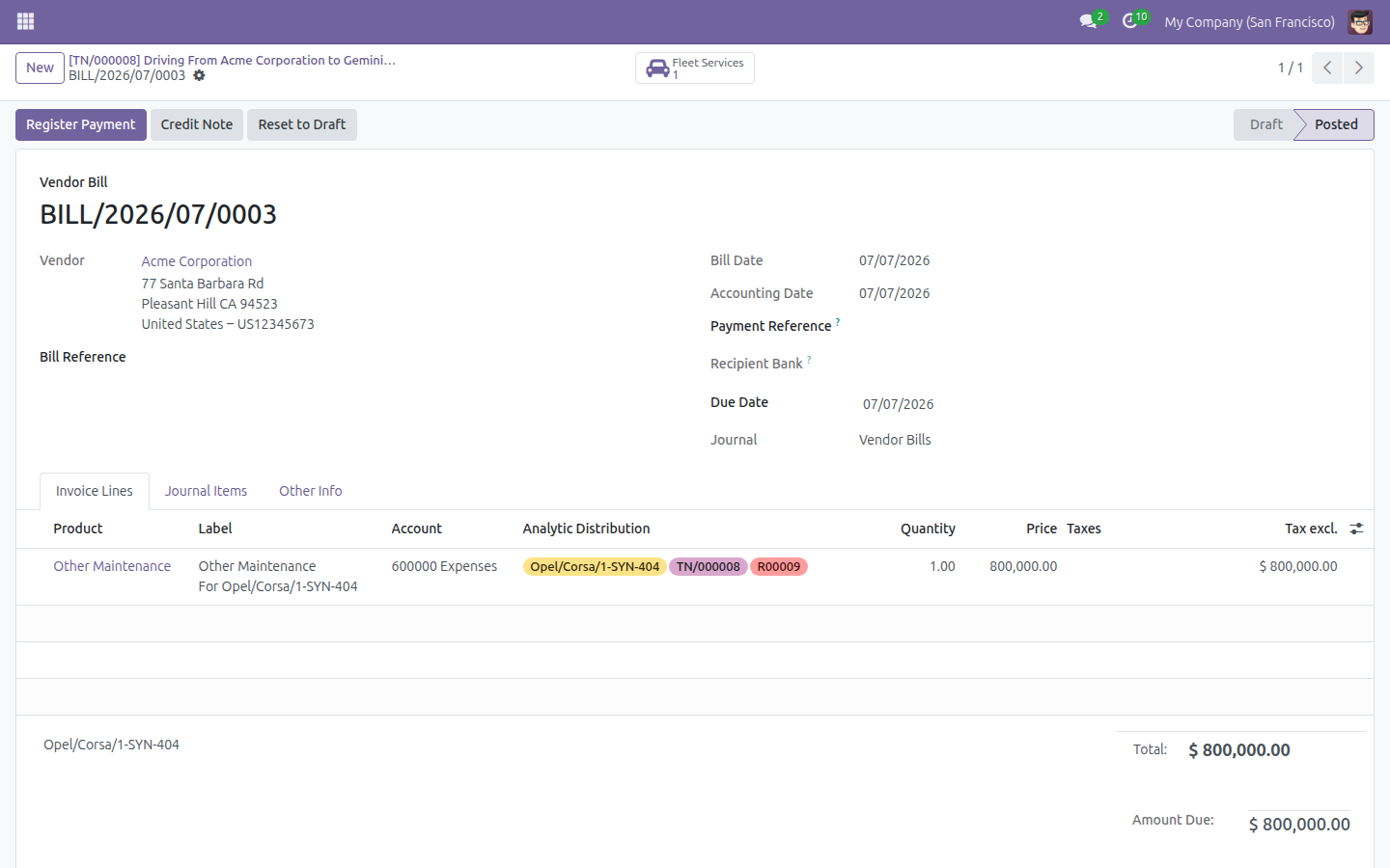 Posted vendor bill with Analytic Distribution split across Vehicle, Trip and Route