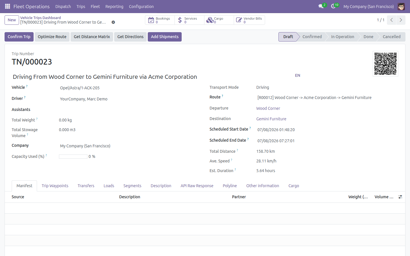 Draft trip form with the Route field already assigned, before confirmation