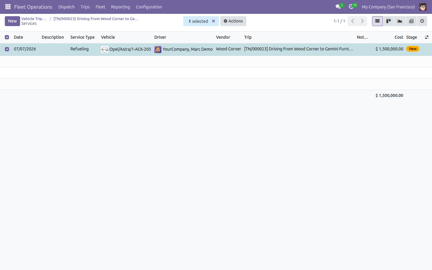 Services list with the new billable service row selected
