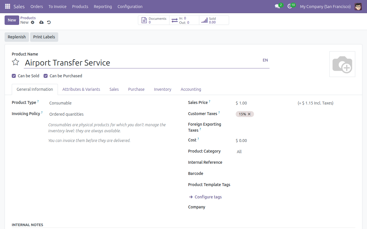 Product Name set to Airport Transfer Service