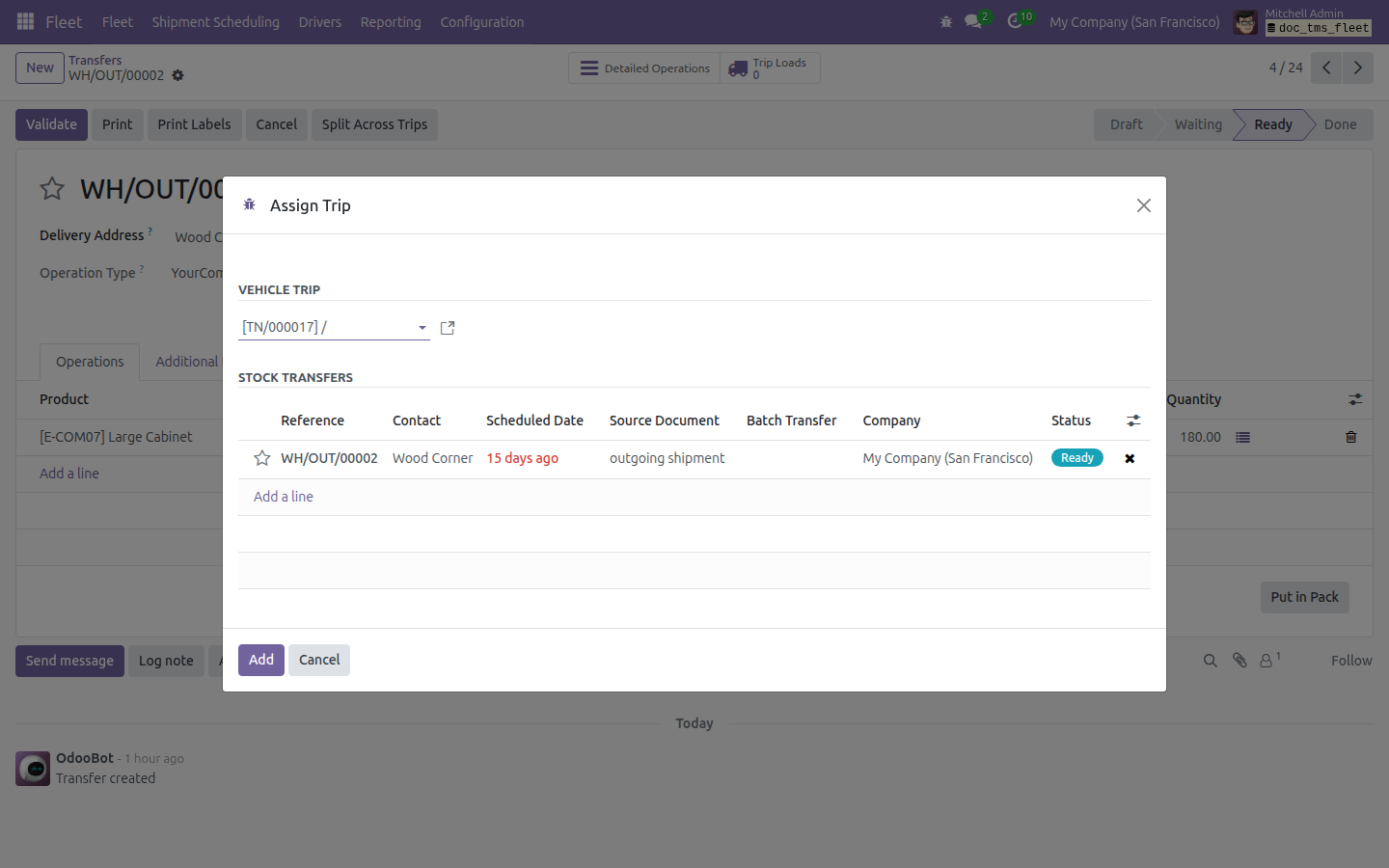 Assign Trip window with a vehicle trip selected for one shipment