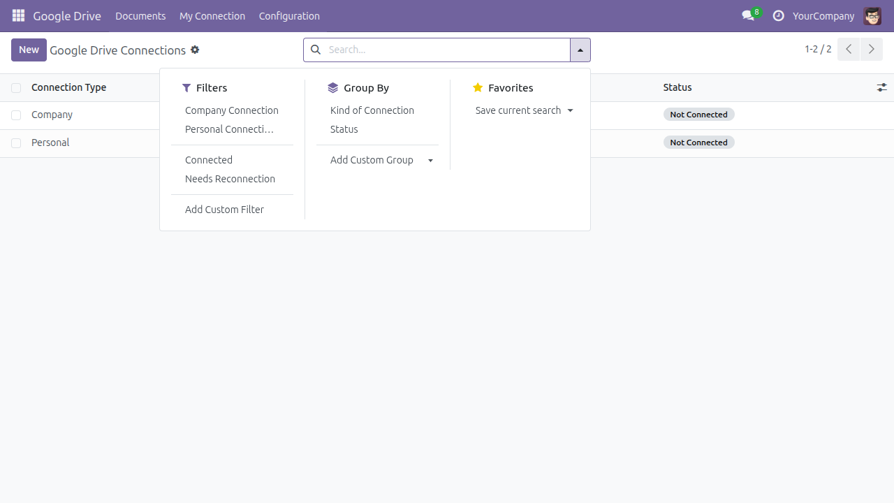 The Filters and Group By menus on the Connections list, offering Company Connection, Personal Connections, Connected and Needs Reconnection