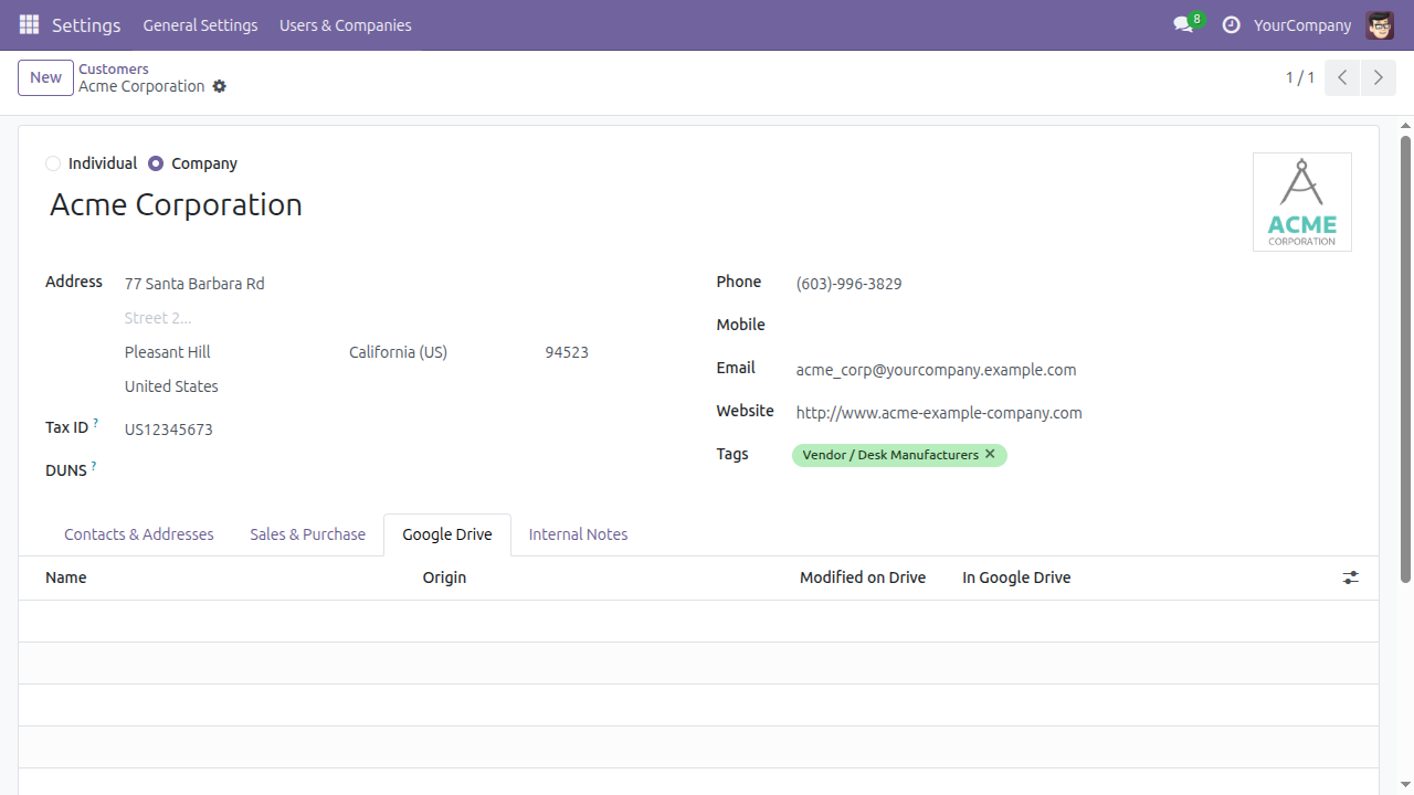 The Google Drive page on an Odoo contact, listing the contact's Drive documents with their origin, their modification time on Drive and a link into Google Drive