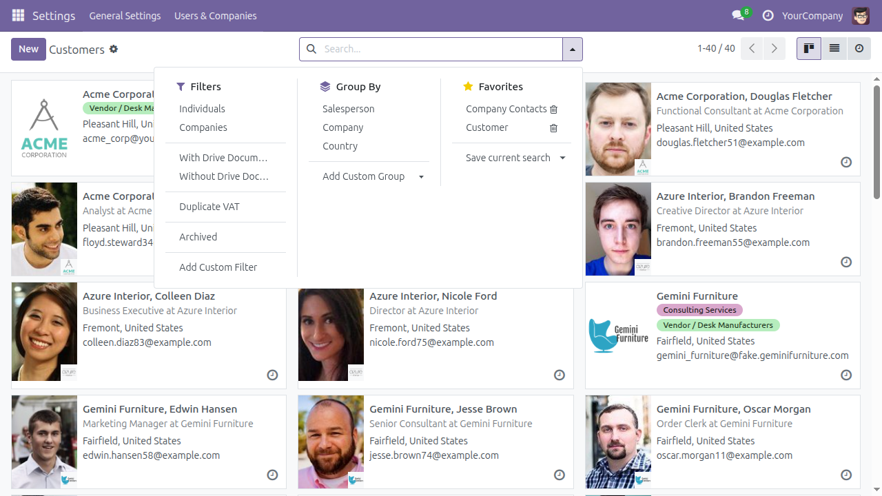The Odoo Contacts search panel showing the With Drive Documents and Without Drive Documents filters