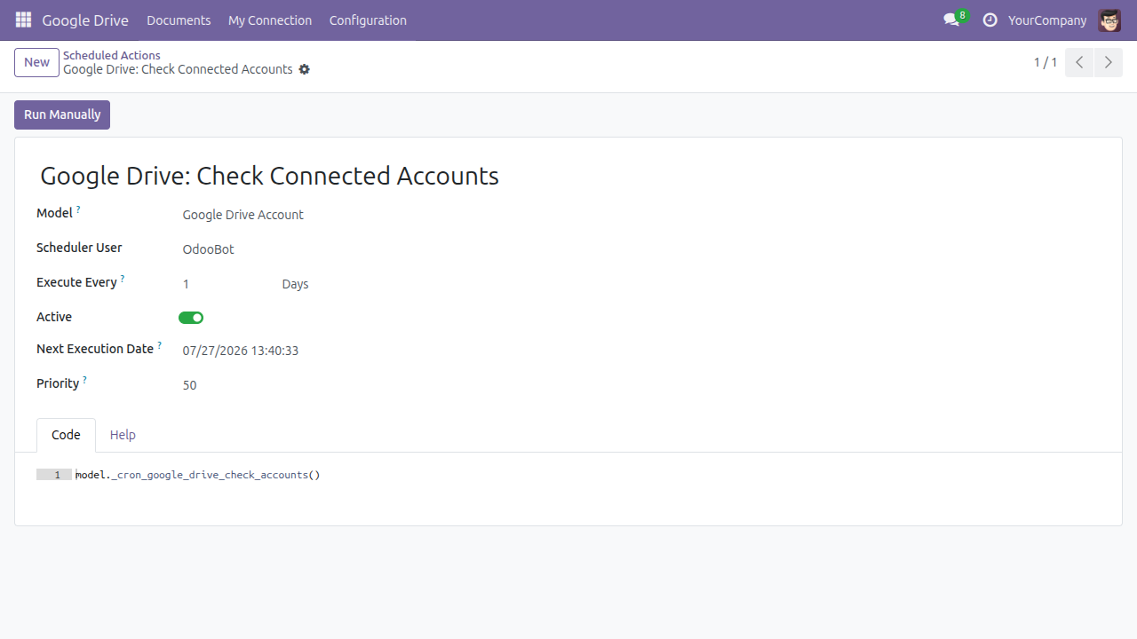 The Google Drive Check Connected Accounts scheduled action, active and running once a day