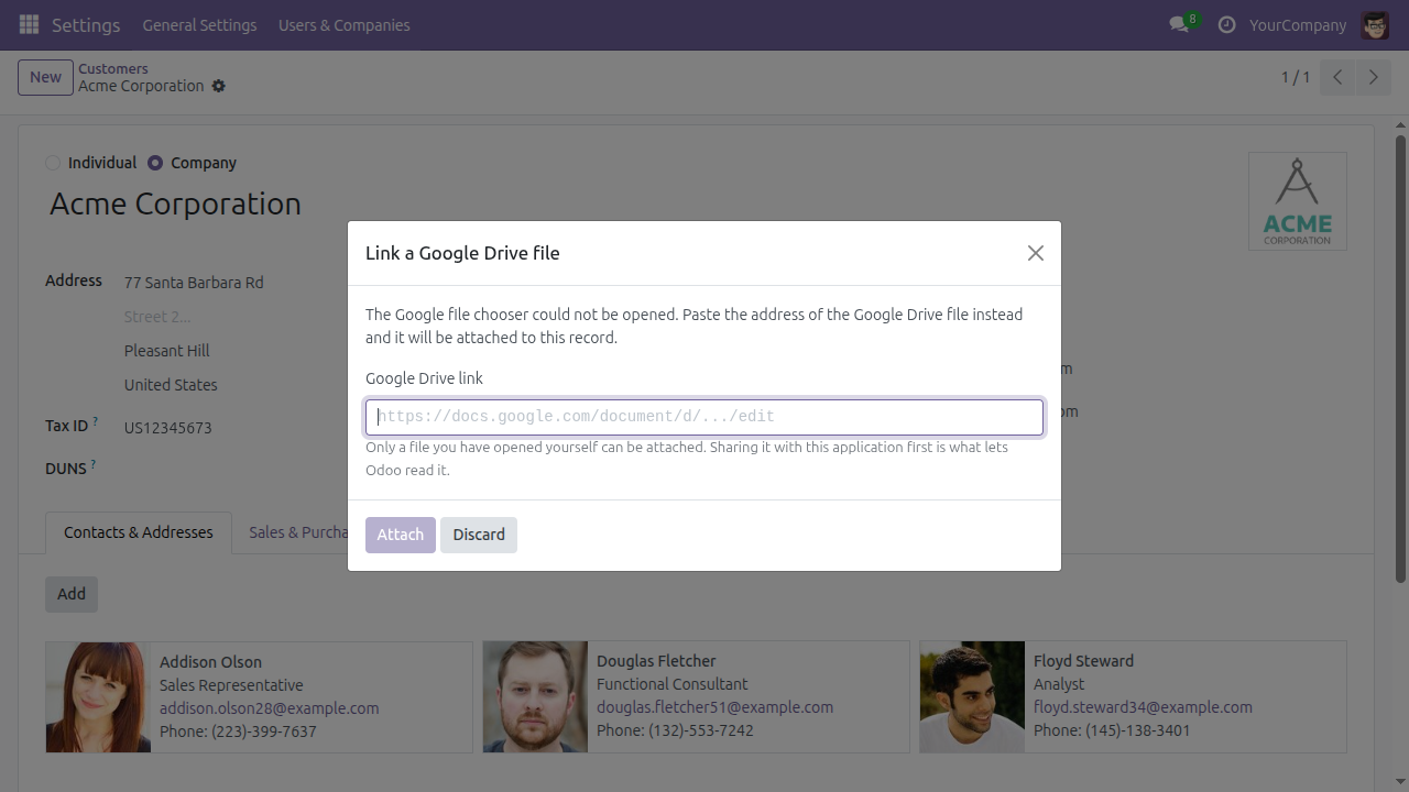 The Link a Google Drive file dialog, asking for the address of the file, with Attach greyed out until something is typed