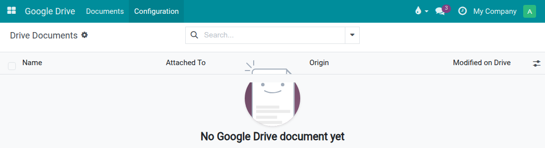 The Google Drive app as an administrator, with Documents and a Configuration menu holding Templates