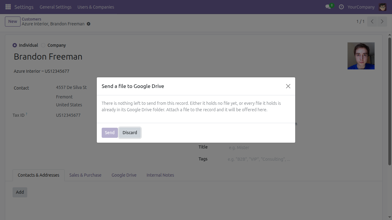 The Send a file to Google Drive dialog in its empty state, explaining that the record holds no file or every file is already in its Drive folder