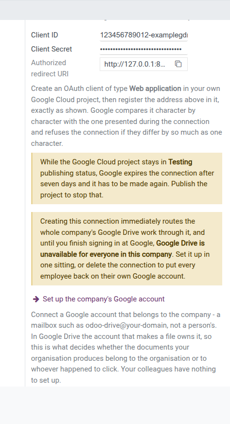 The Google Drive settings block with Client ID, a masked Client Secret, the Authorized redirect URI with its copy button, the amber warning about Testing publishing status, the amber warning that creating the company connection makes Google Drive unavailable to everyone until it is finished, and the Set up the company's Google account button