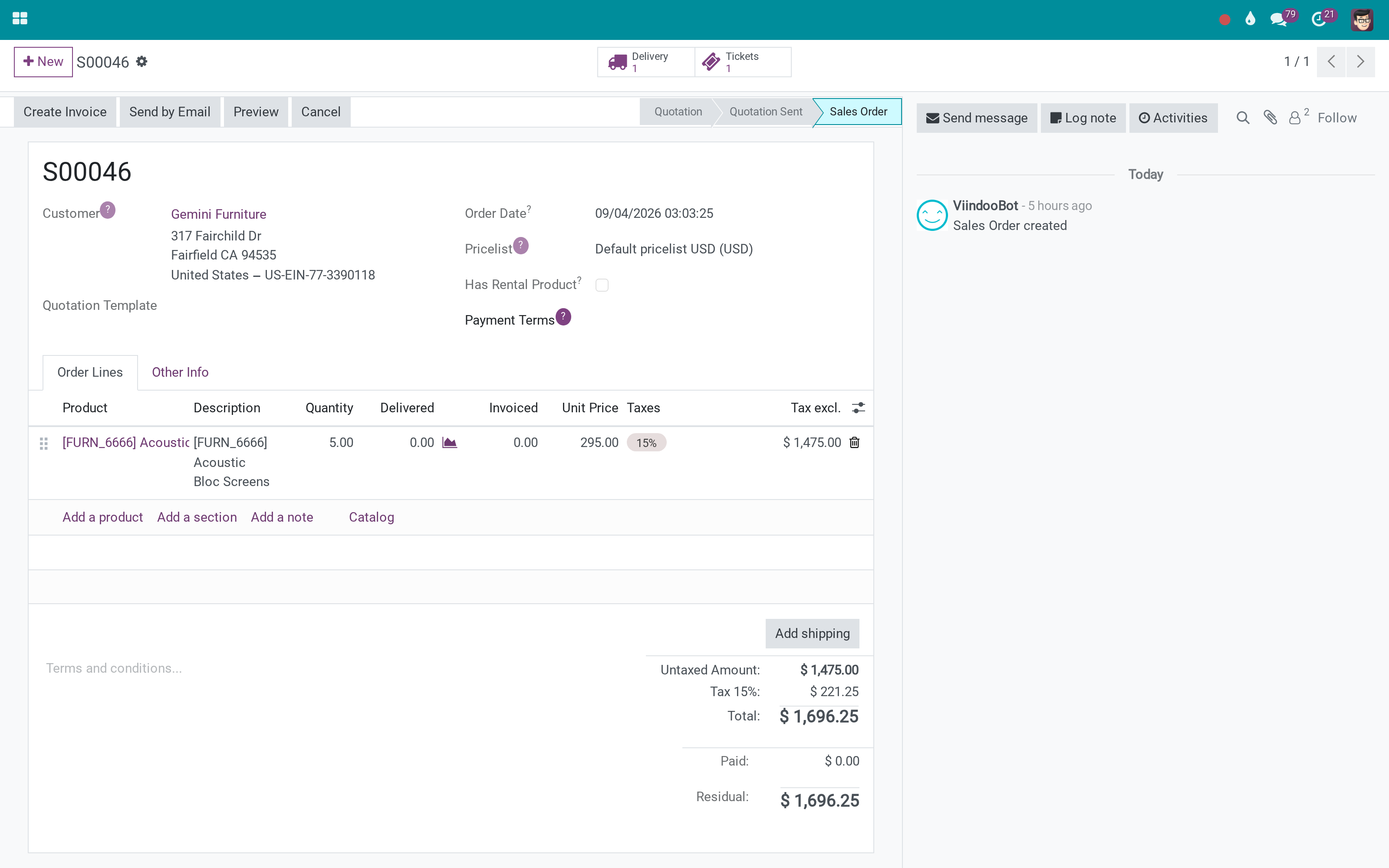 A sale order with a ticket count