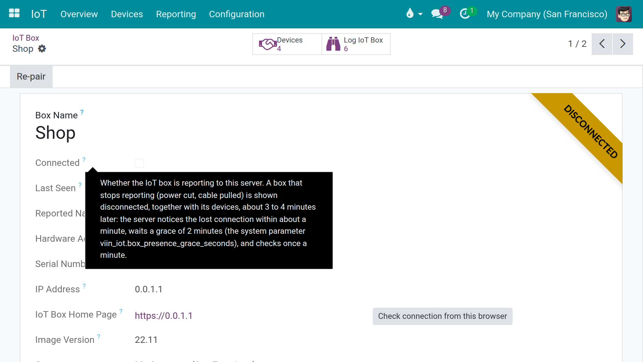 Box form with the help text of the Connected field open