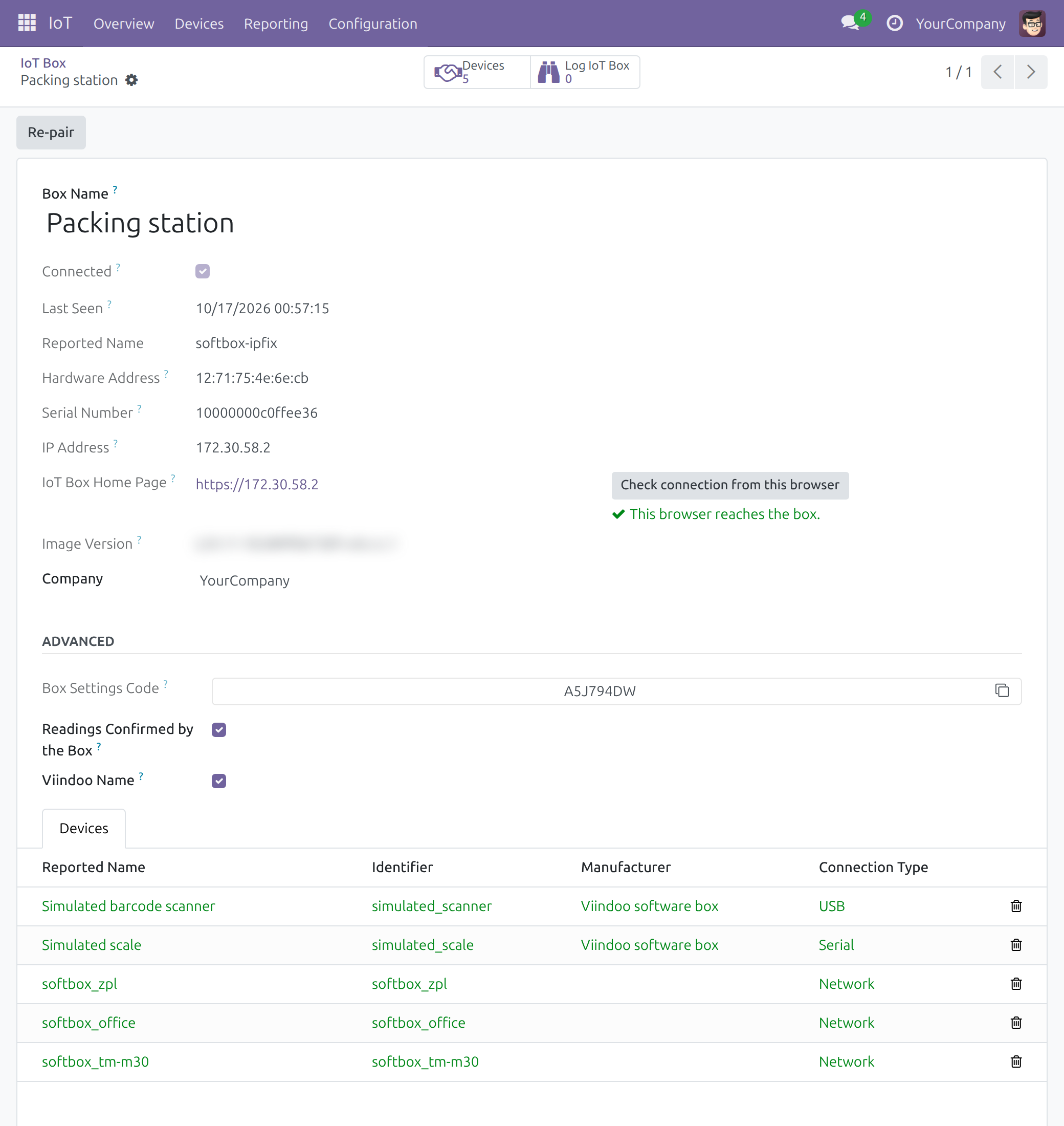 Box form with Box Name, Reported Name, Hardware Address, the Re-pair button, the connection check result and the Advanced group