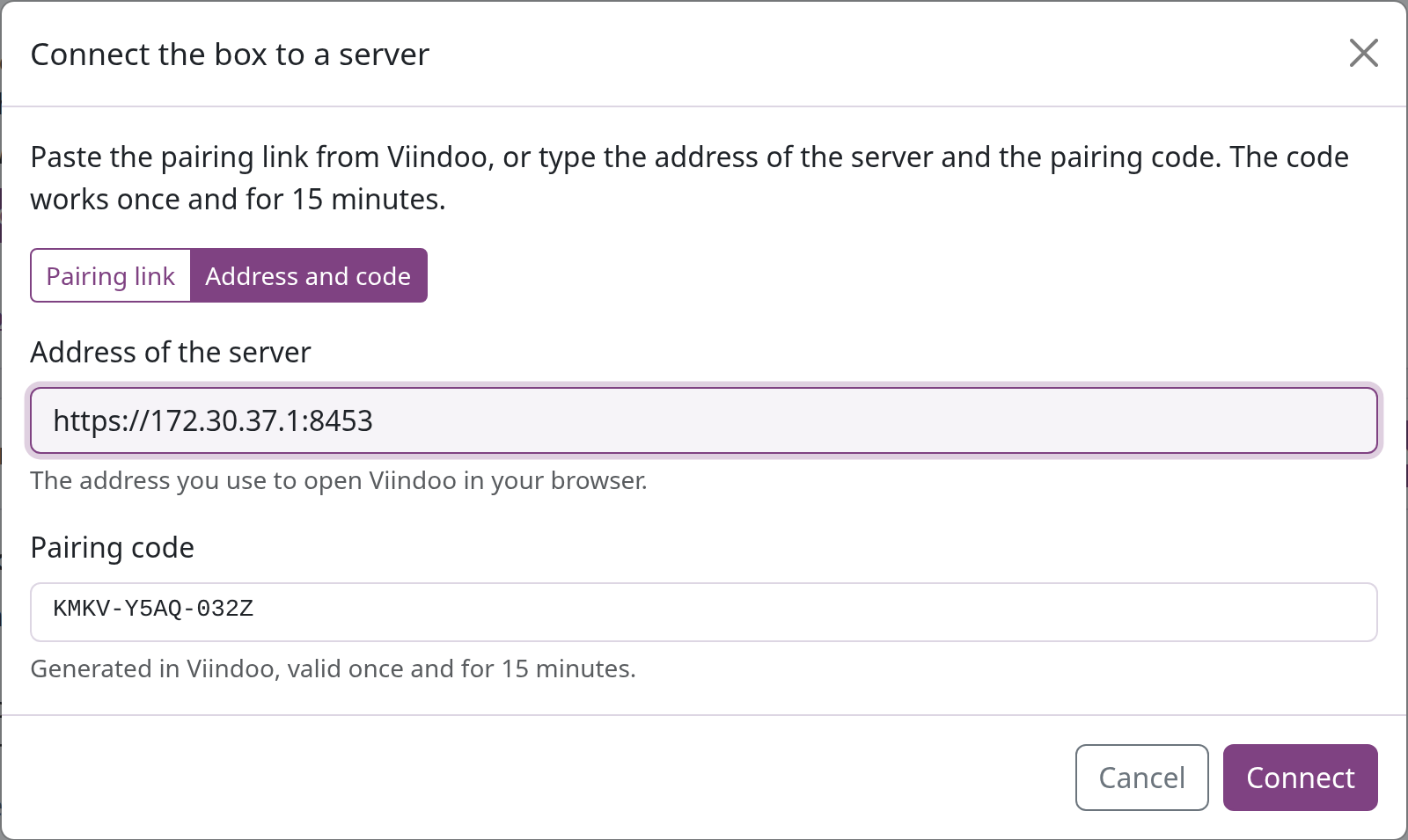 Connect the box to a server dialog in Address and code mode with the server address and the pairing code