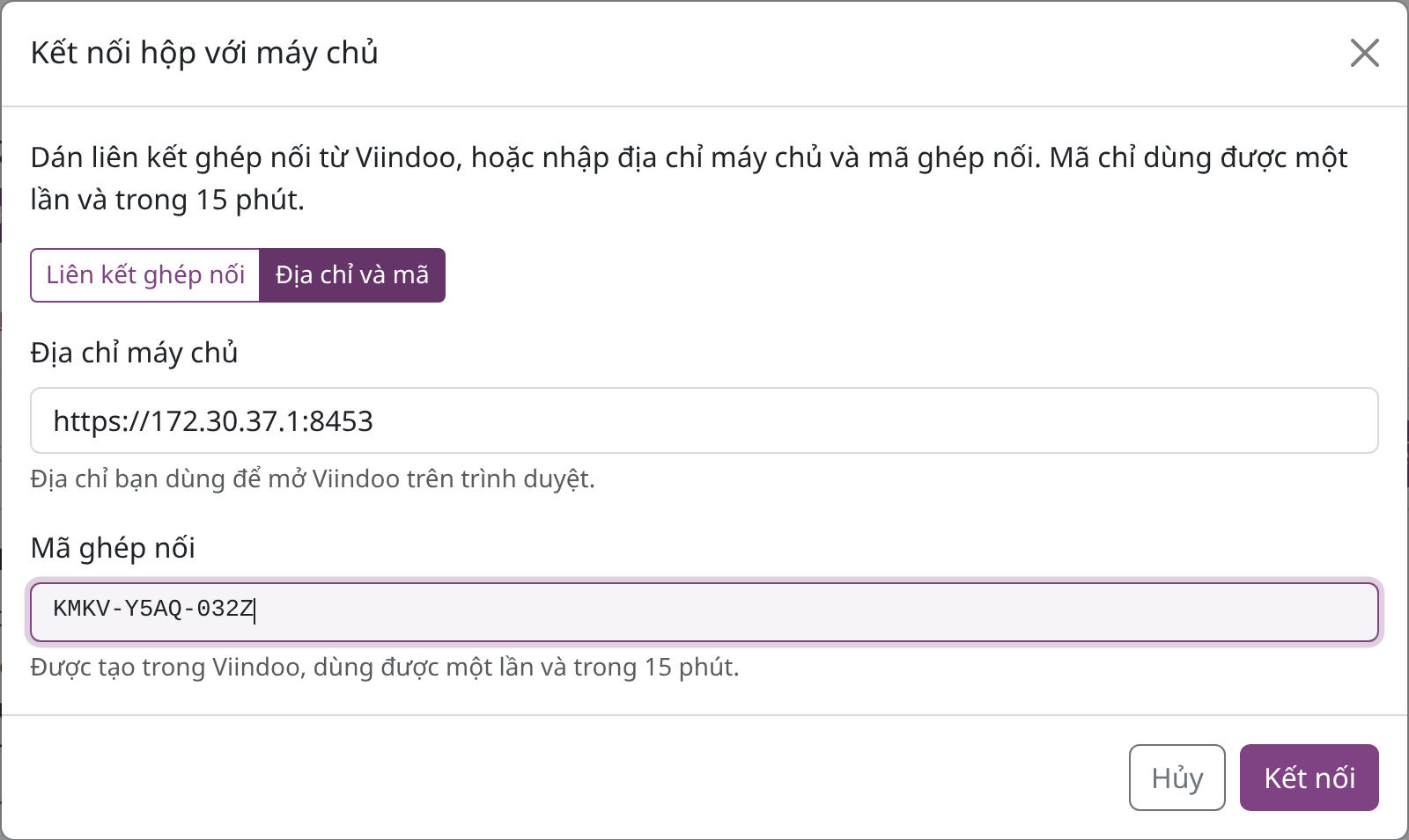 Hộp thoại Kết nối hộp với máy chủ ở chế độ Địa chỉ và mã với địa chỉ máy chủ và mã ghép nối