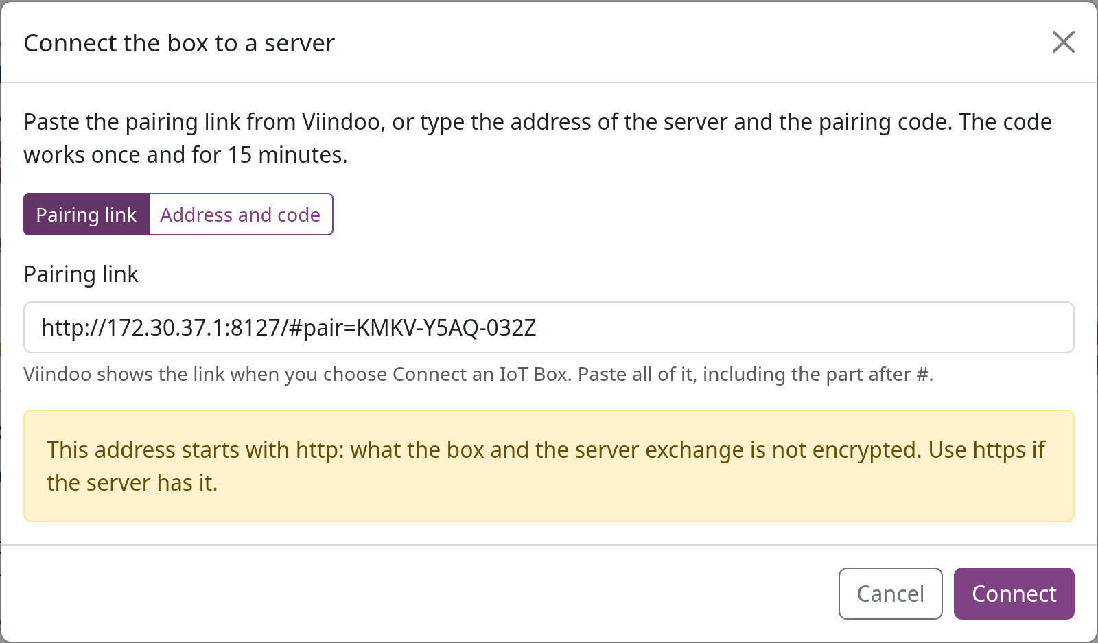 Connect the box to a server dialog with a pasted pairing link and the warning about an http address