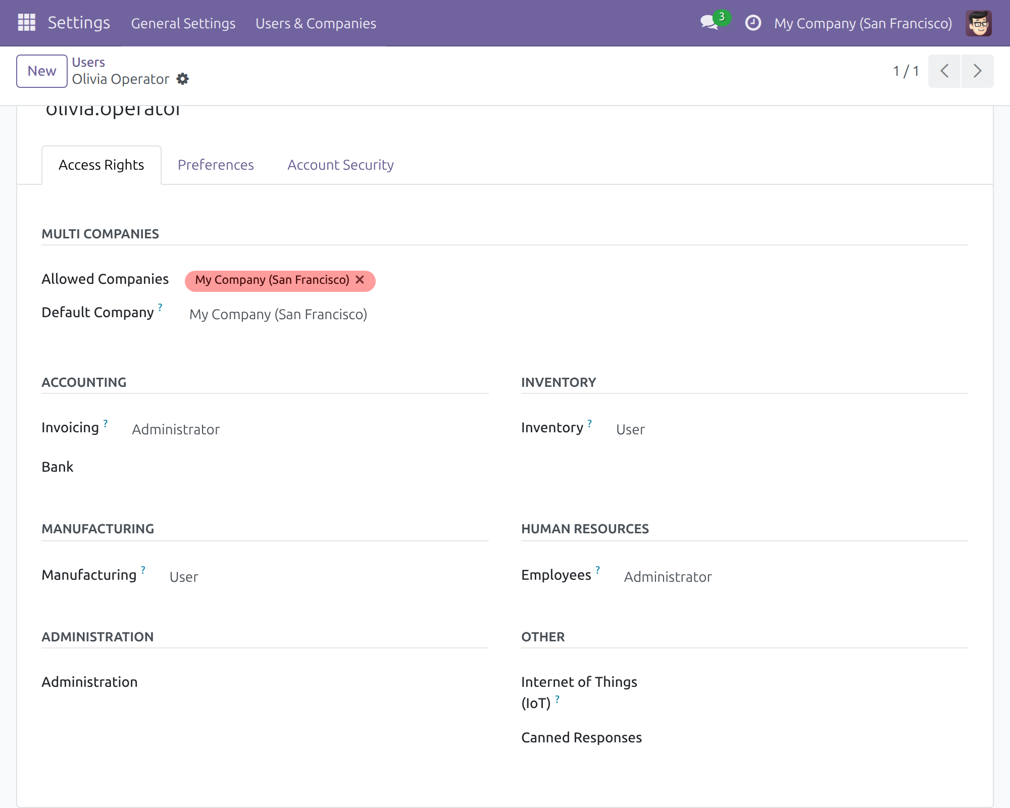 The Access Rights page of an operator: Manufacturing set to User, Internet of Things (IoT) left empty.
