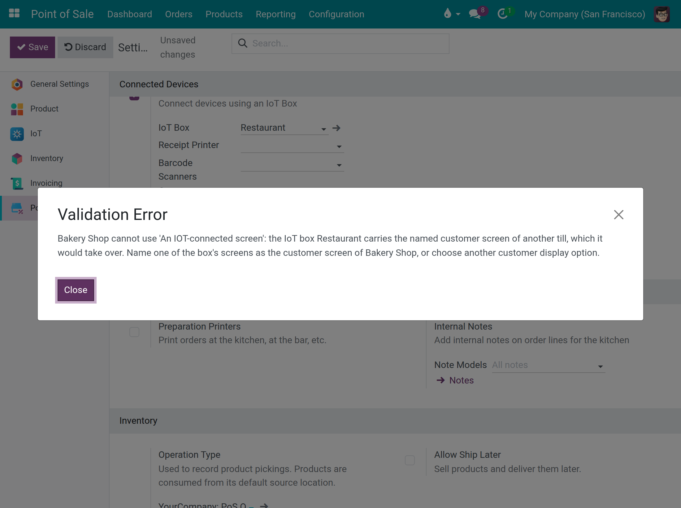 Validation error saying that the till cannot use An IOT-connected screen because the box carries the named customer screen of another till