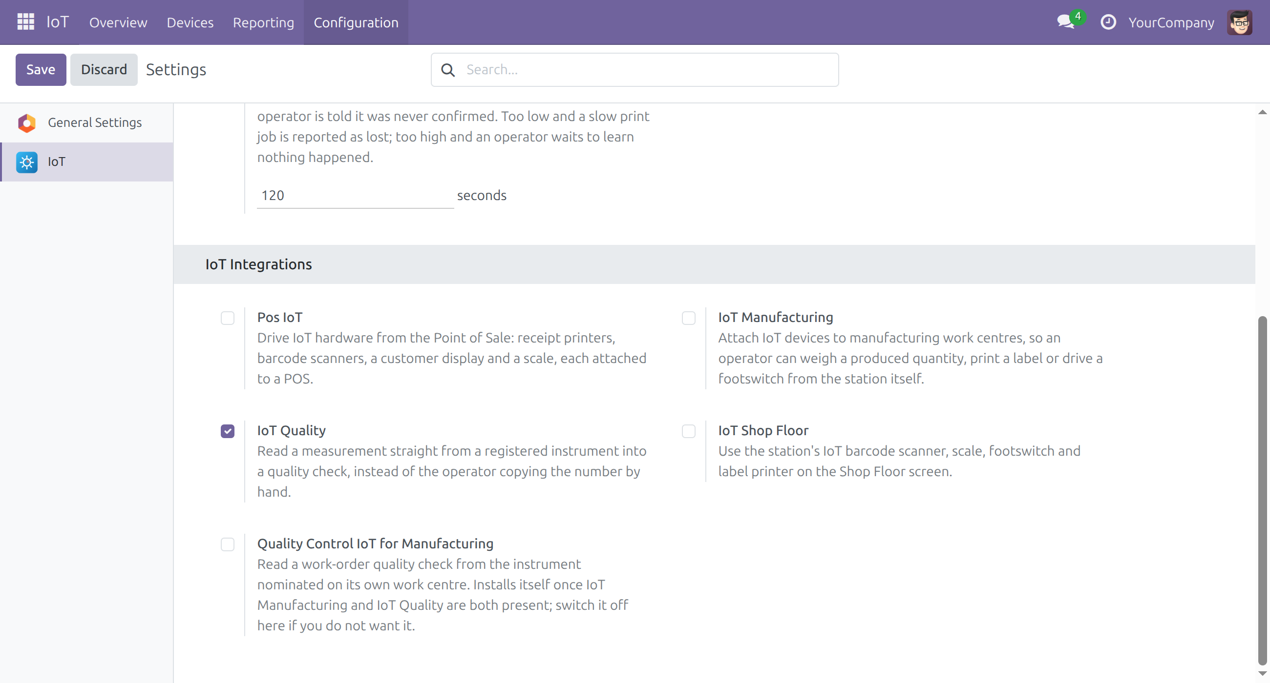 Settings, IoT, IoT Integrations with the IoT Quality toggle