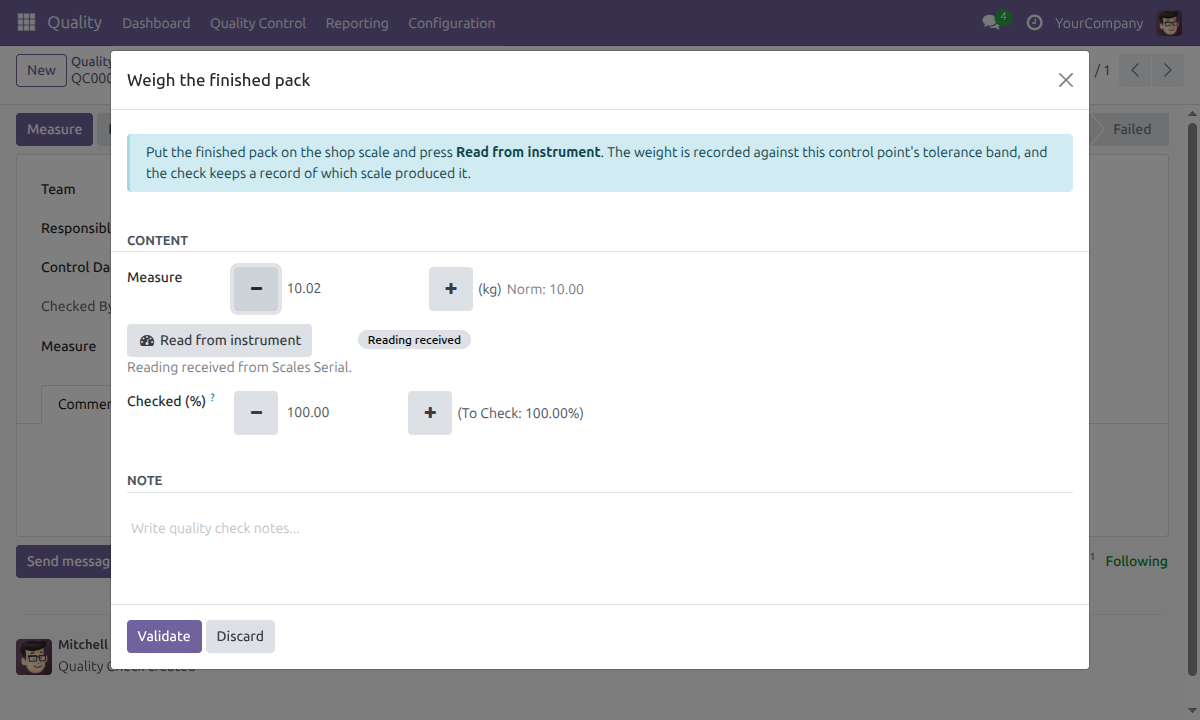 Reading a measurement from the instrument inside the quality check dialog