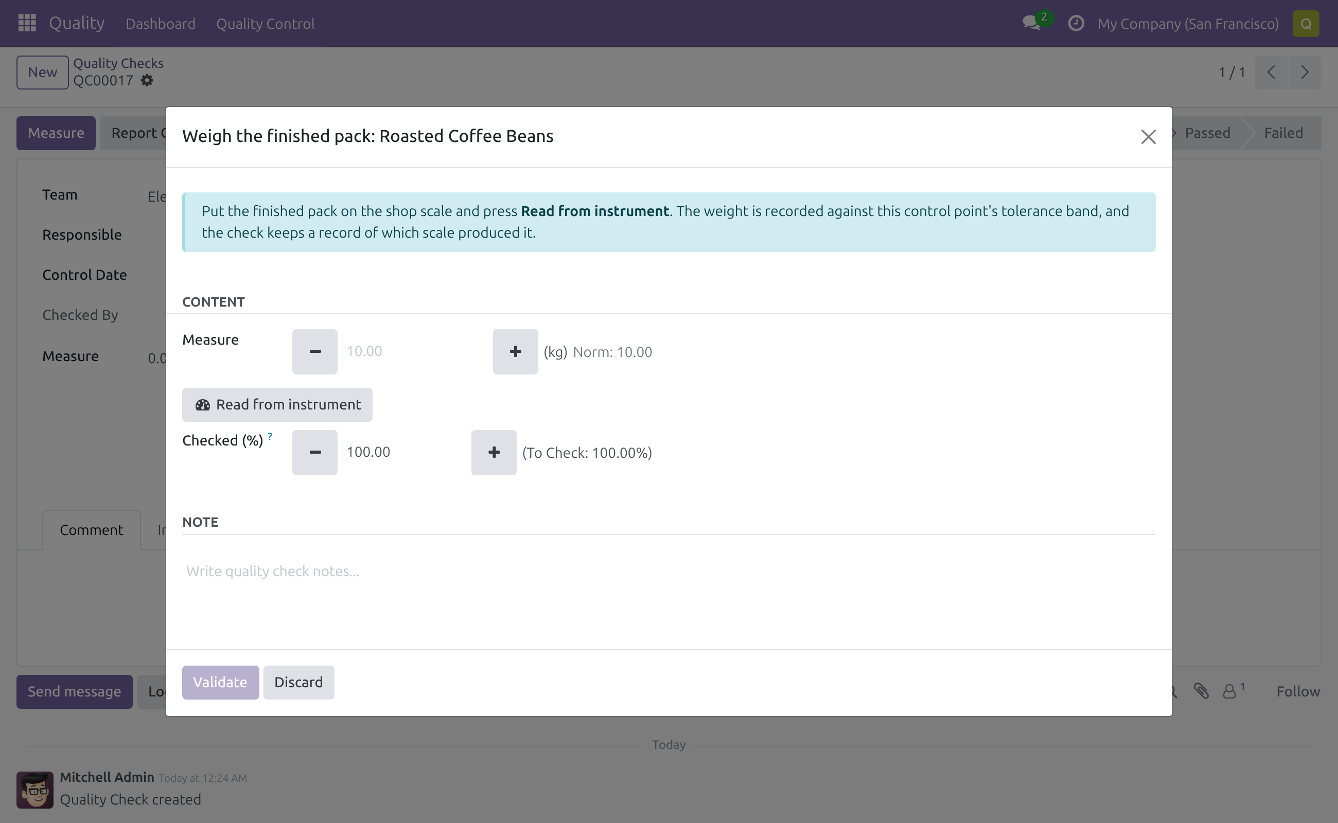 The Measure dialog on a work-order quality check