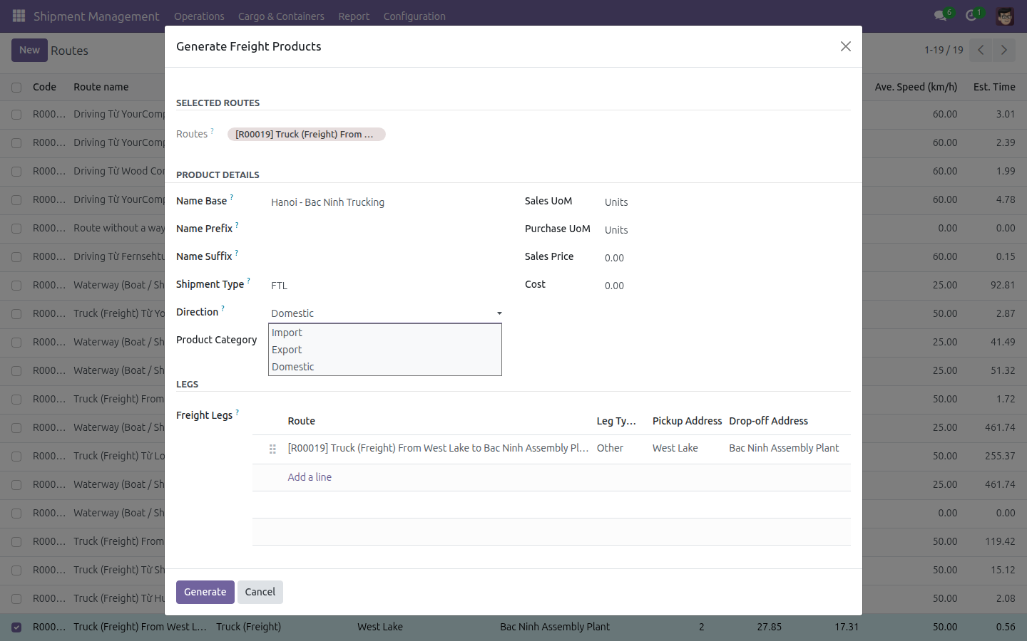 The Generate Freight Products wizard filled in