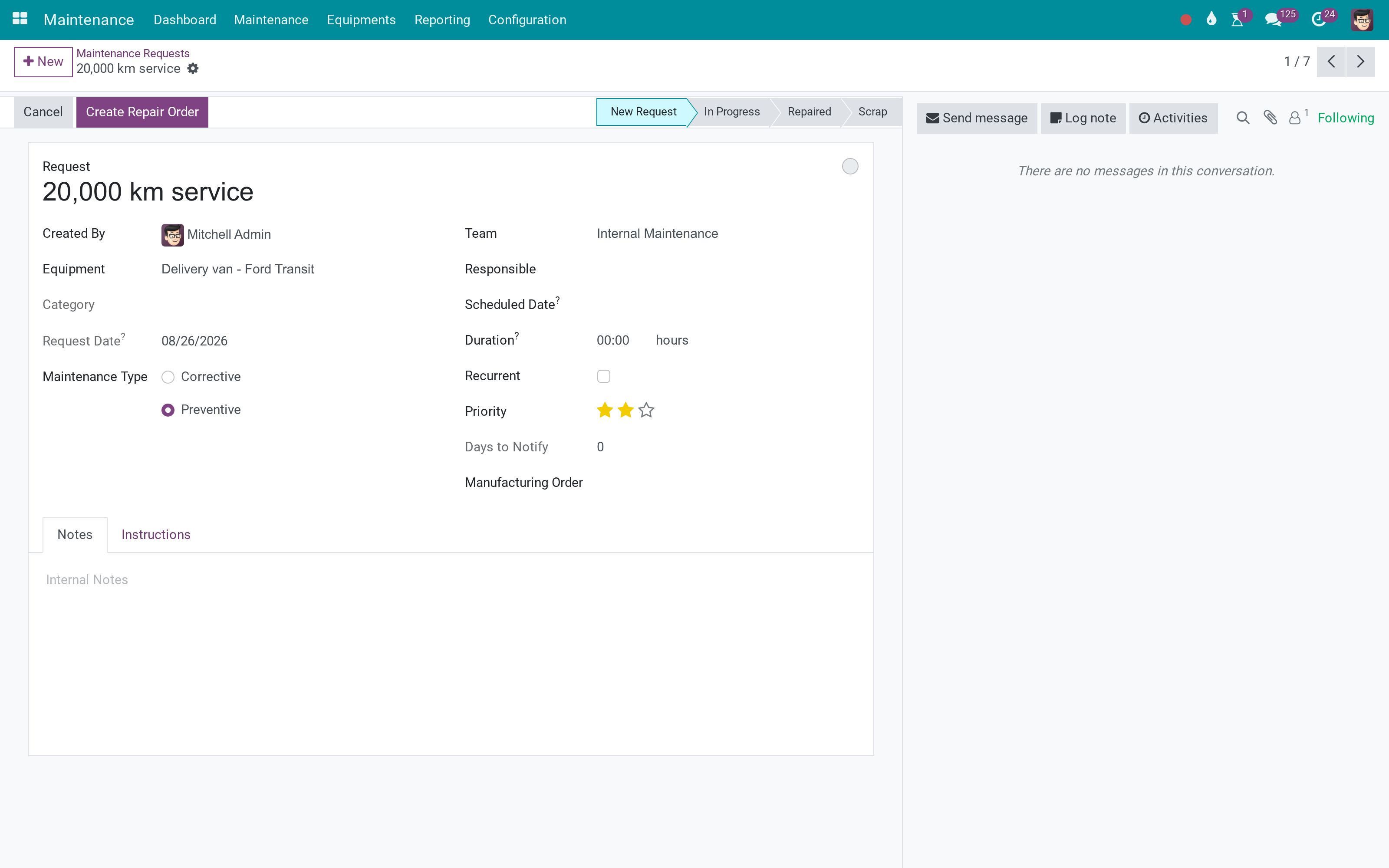 A maintenance request
