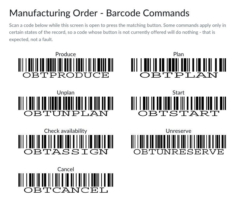 Printed sheet of manufacturing order command barcodes
