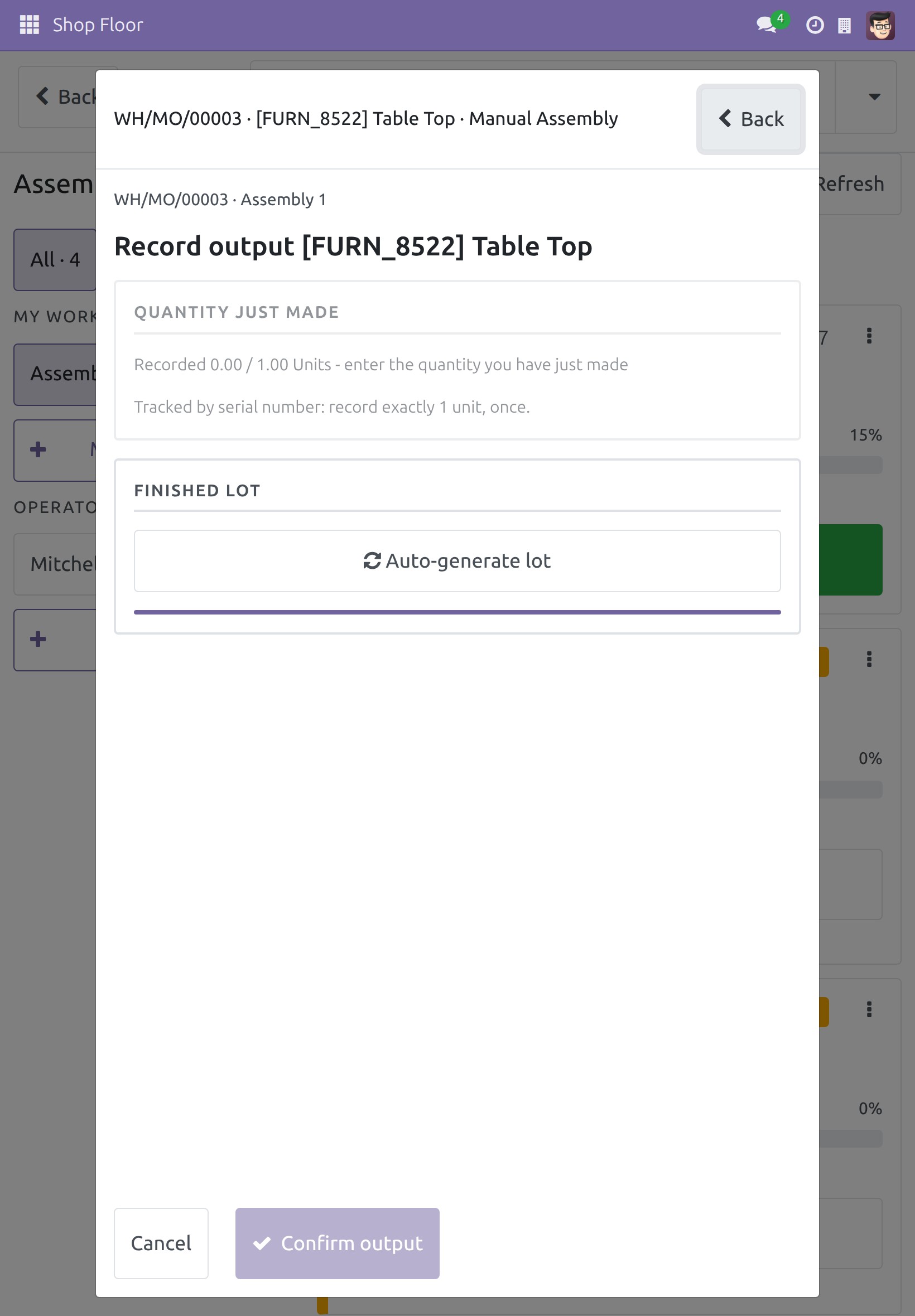 Record output screen for the table top, tracked by serial number