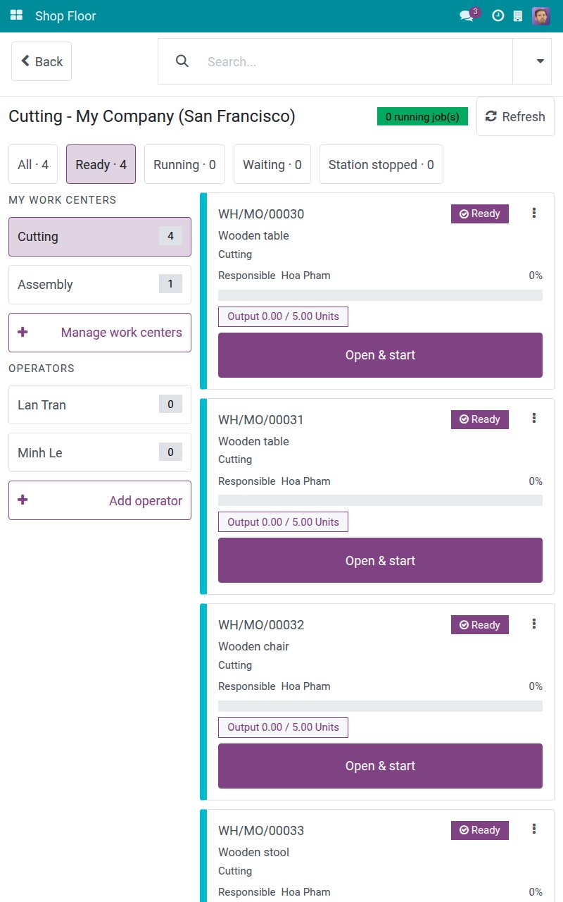 The job board with the work centre rail, status tabs and a labelled Open & start button on each card