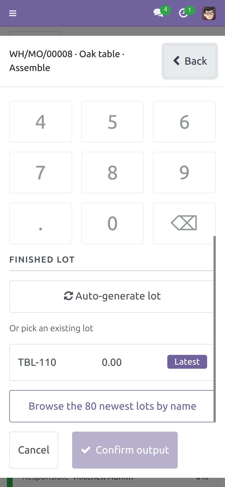 Phone: Record output screen with the lot picker closed