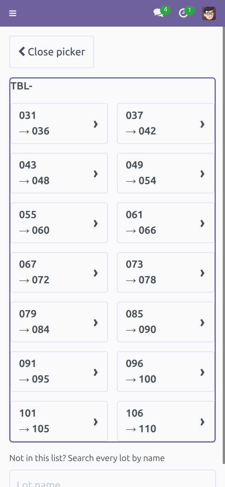 Phone: lot picker open, only Close picker and the picker controls shown