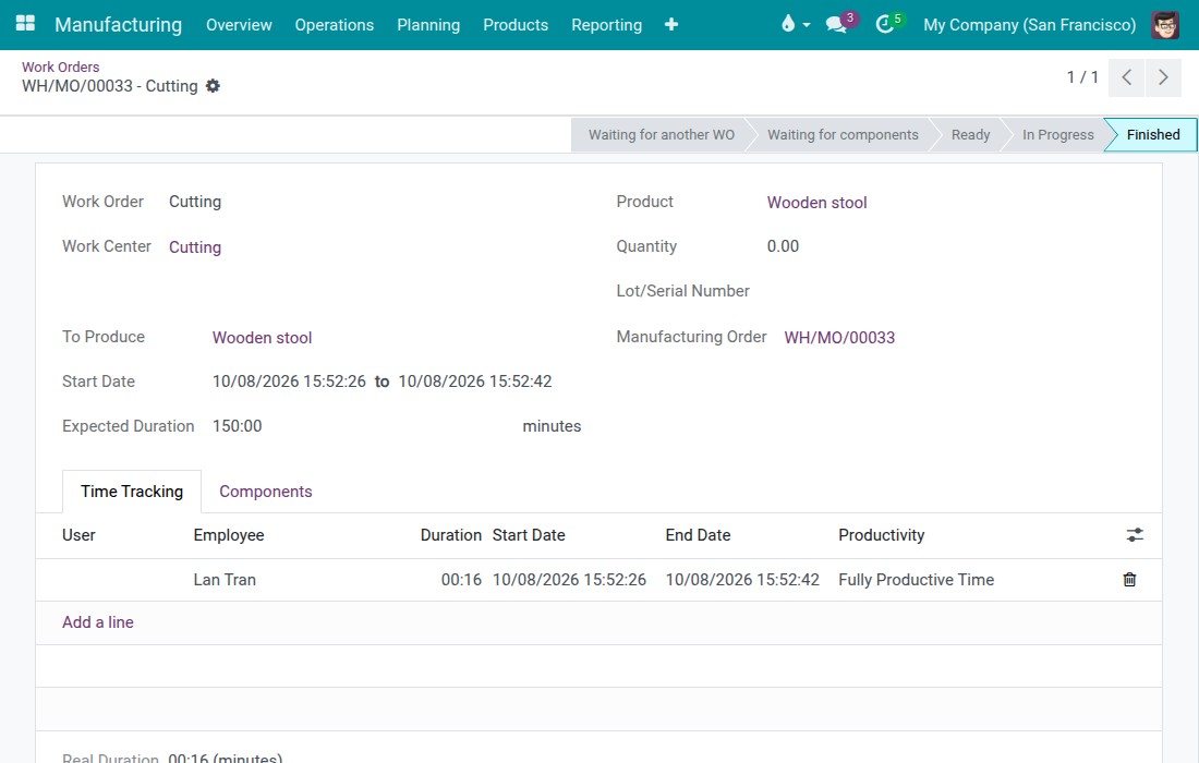 A work order with its time tracking line showing the credited employee