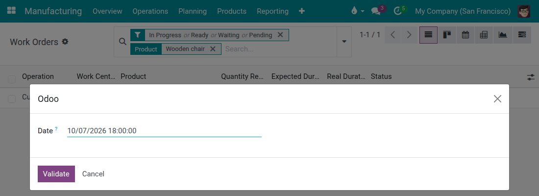 The Work Orders list on the desktop with a small window asking for the date before the operation is recorded