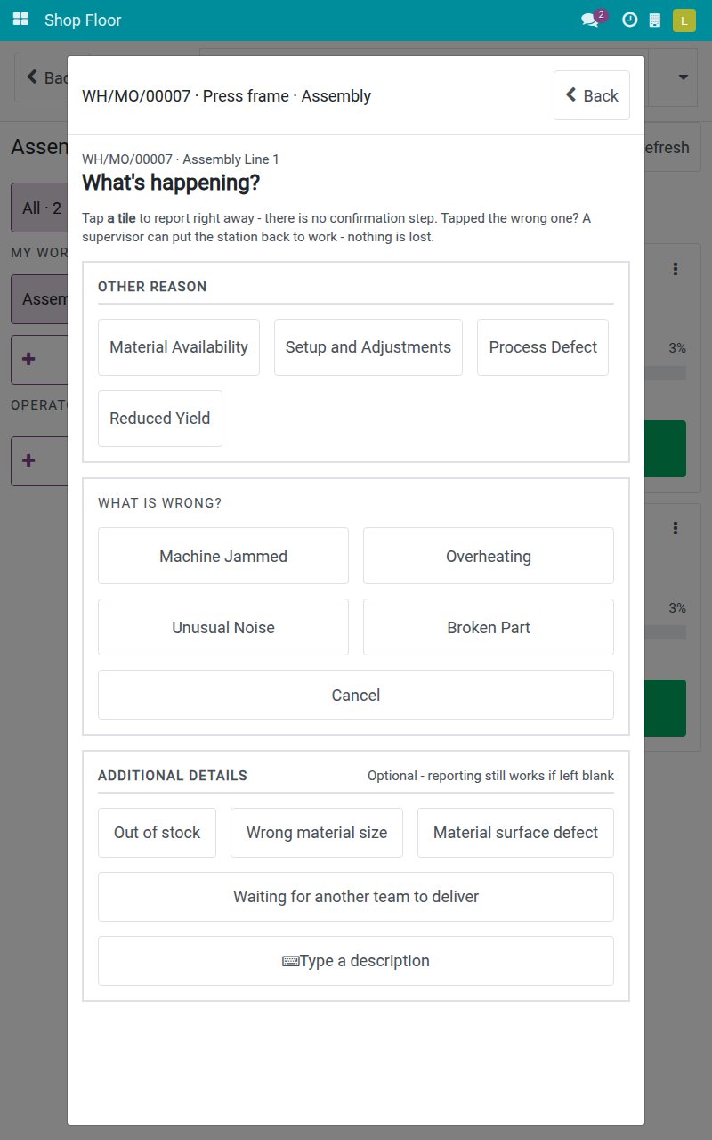 The What is wrong? screen on a tablet with four breakdown reasons: Machine Jammed, Overheating, Unusual Noise and Broken Part