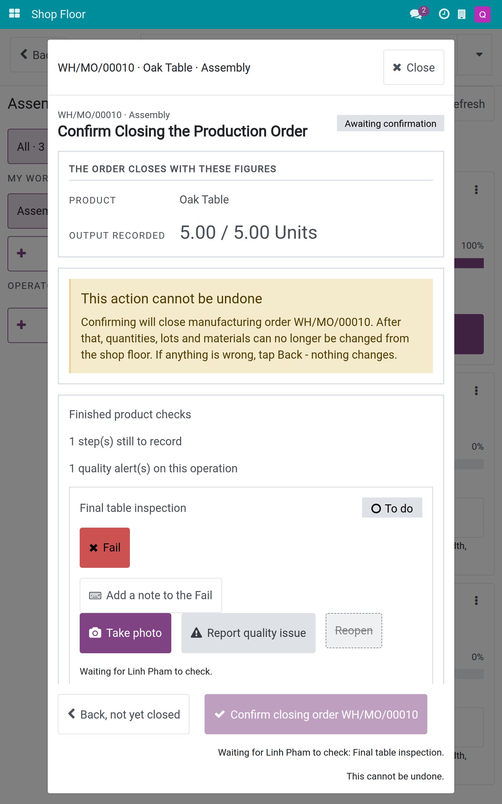 The closing screen with the Finished product checks section and the disabled confirm button explaining what it waits for