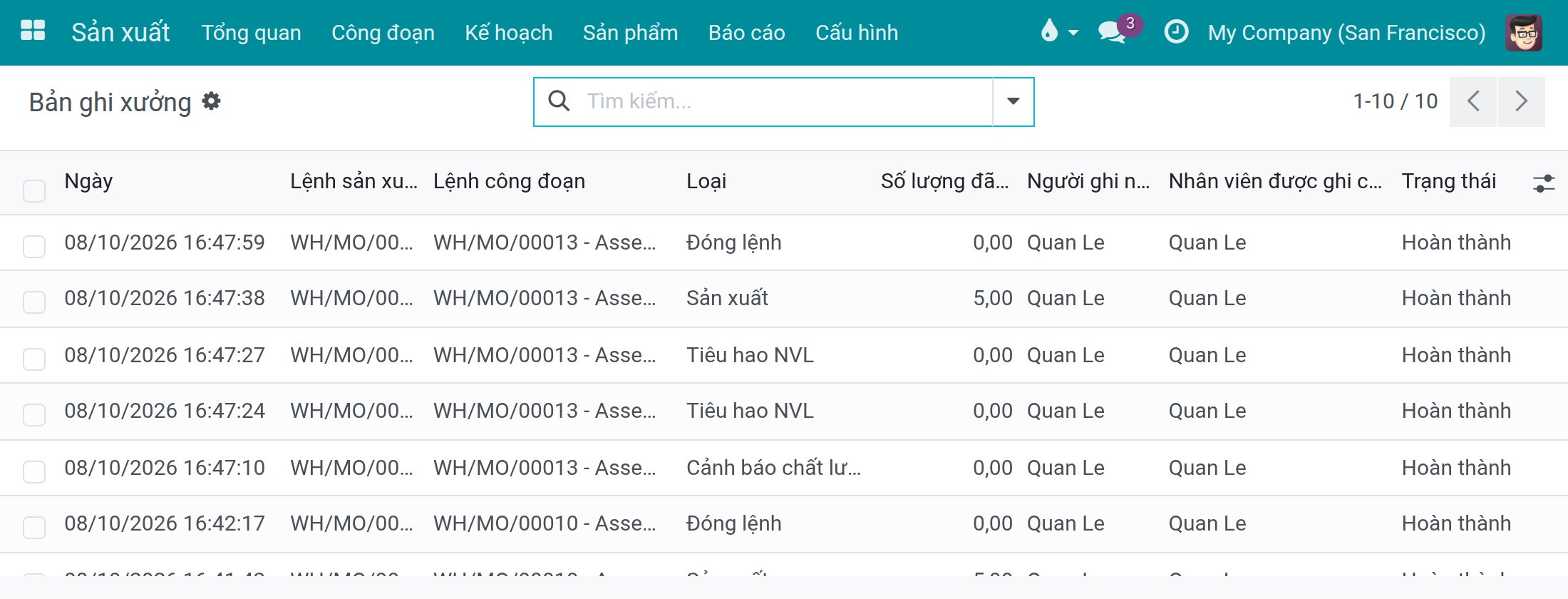 Danh sách Bản ghi xưởng với một dòng Cảnh báo chất lượng cạnh các dòng thành phẩm, tiêu hao và đóng lệnh