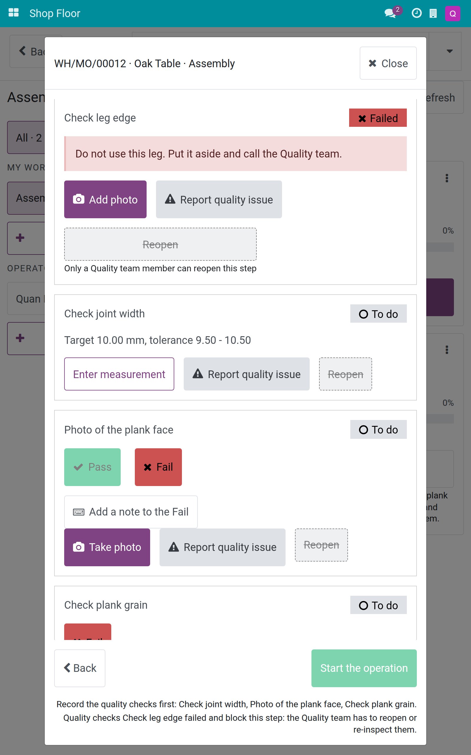 A failed step with its failure message, and a note that only a Quality team member can reopen it
