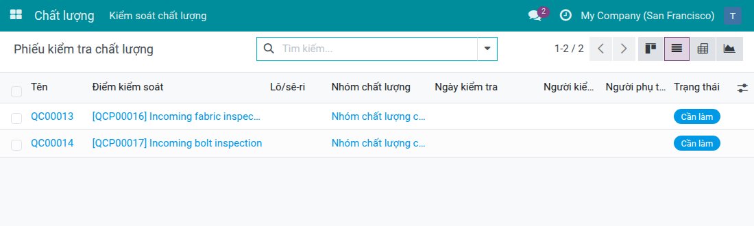 Danh sách Phiếu kiểm tra chất lượng của nhân viên kho, chỉ có hai phiếu kiểm tra của kho mình
