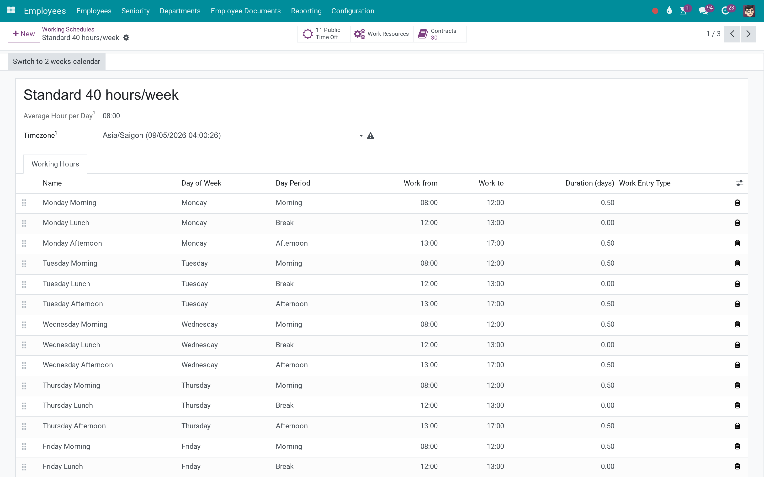 A working schedule