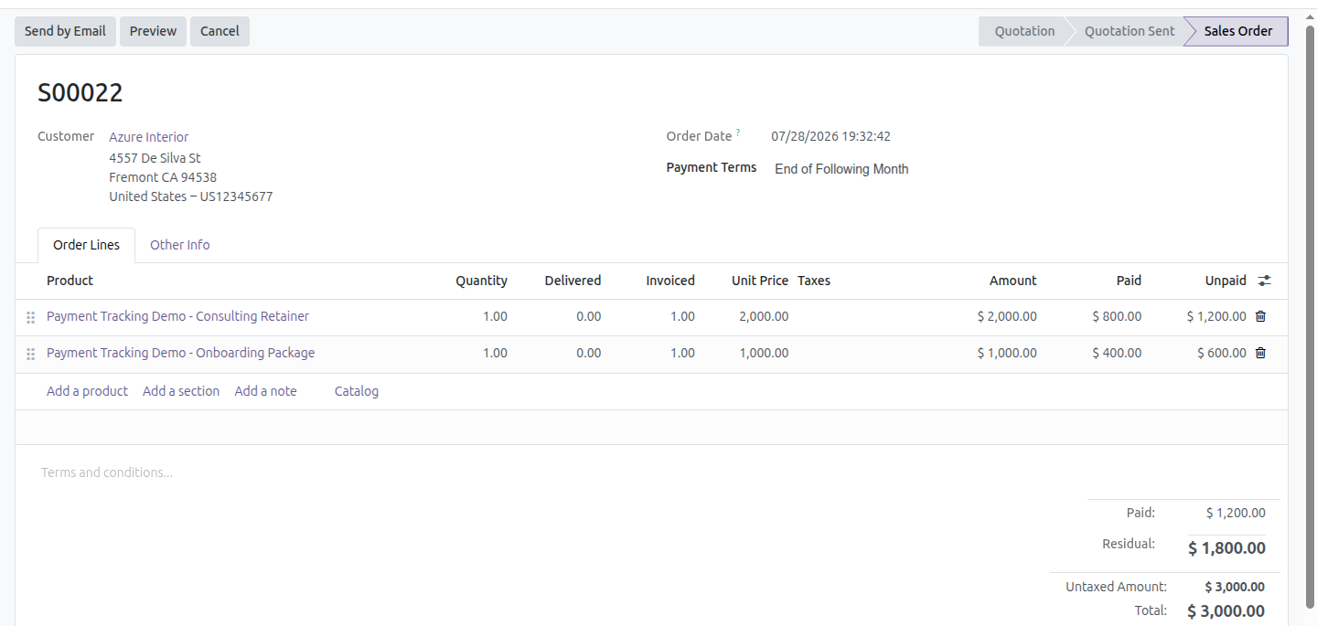 Sales order showing Paid and Unpaid order-line columns, and a Paid / Residual totals block
