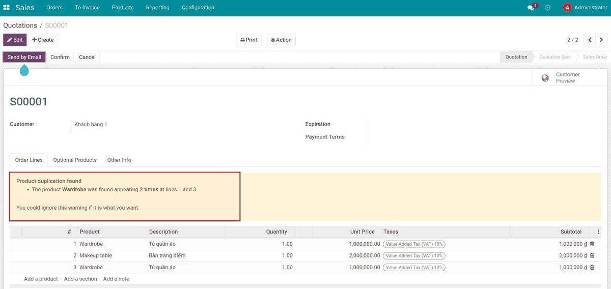 Sales Order Product Duplication Warning