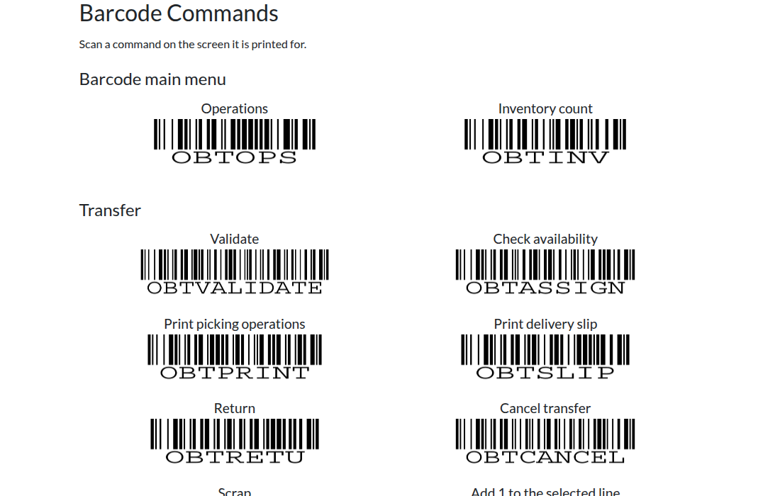 Printable barcode commands sheet