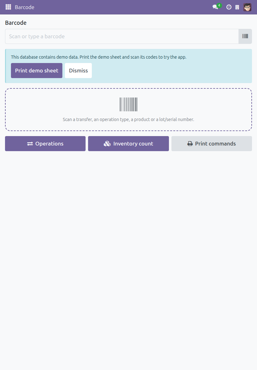 Barcode home screen on a tablet