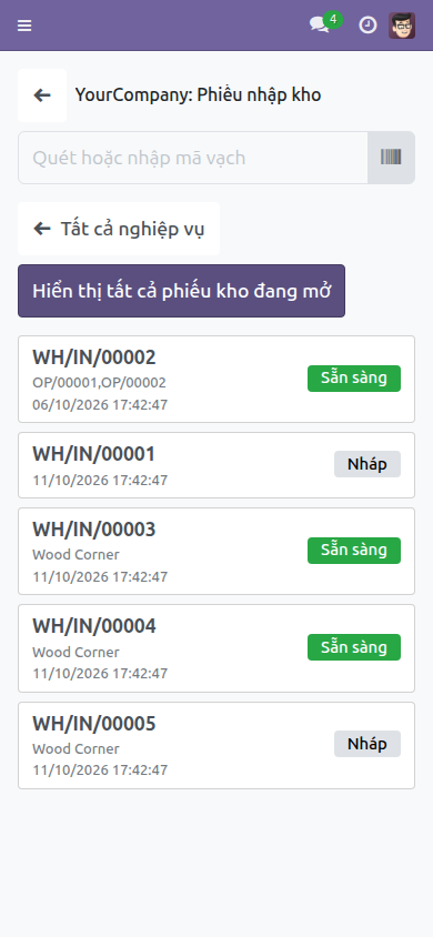 Tất cả phiếu kho đang mở của một loại nghiệp vụ