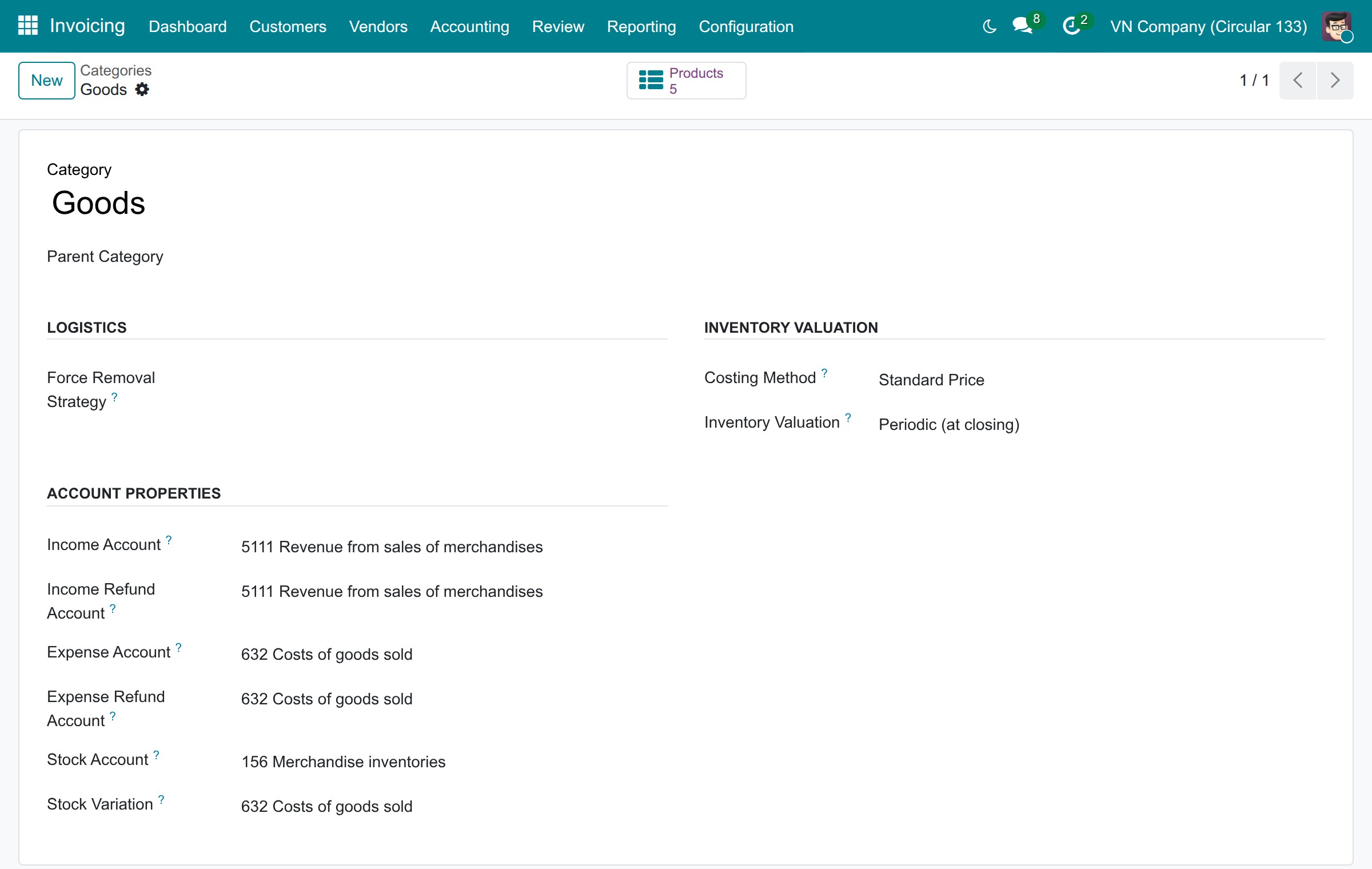 Product category of a TT133 company: income 5111, expense 632, stock account 156, stock variation 632